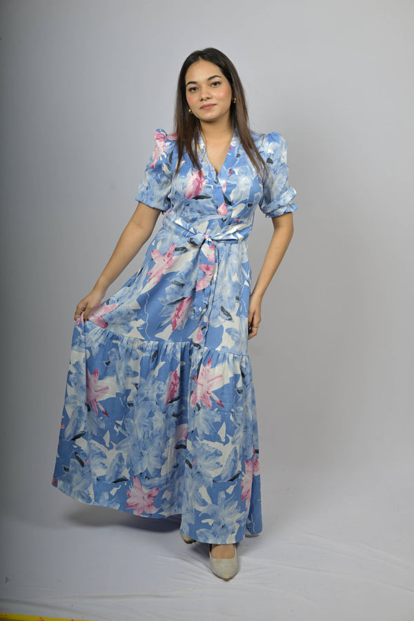 Blue Blossom Wrap Maxi Dress
