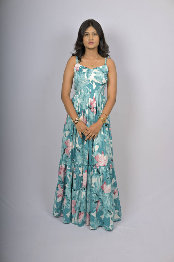 Aqua Blossom Tiered Maxi Dress