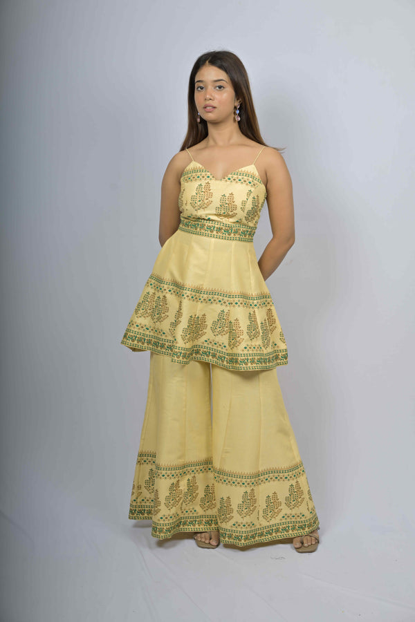 Mustard Motif Peplum Co-ord Set