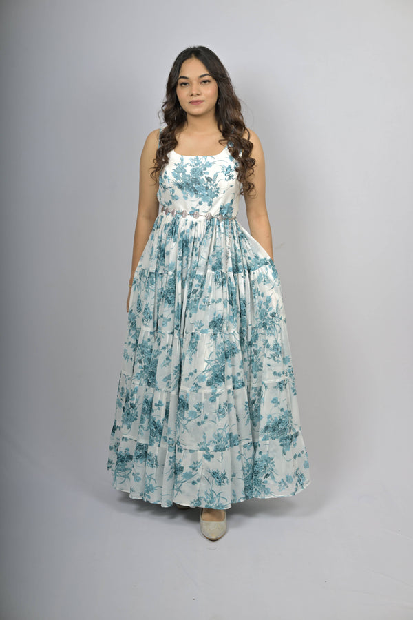Serene Teal Bloom Tiered Maxi Dress